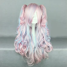 Лолита 70 см длинные вьющиеся розовый смешанный синий Аниме вечерние женские синтетические волосы косплей жаропрочные полный парик+ PonytailsH75053A