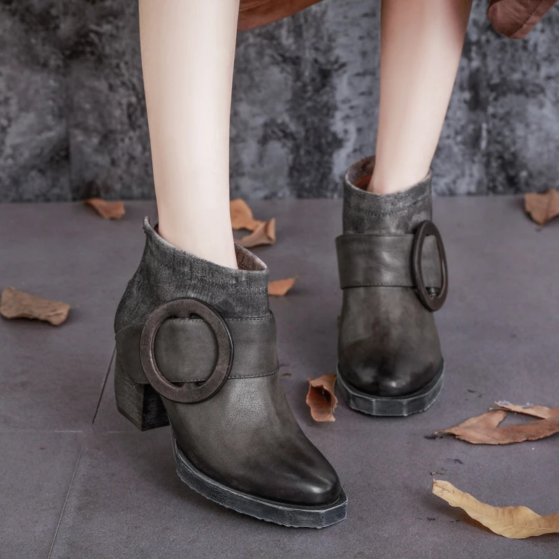 

New 2016 Genuine Leather Brand Women Ankle Boots Chunky Heels Big Buckle Short Boots Retro Shoes Woman Big Size