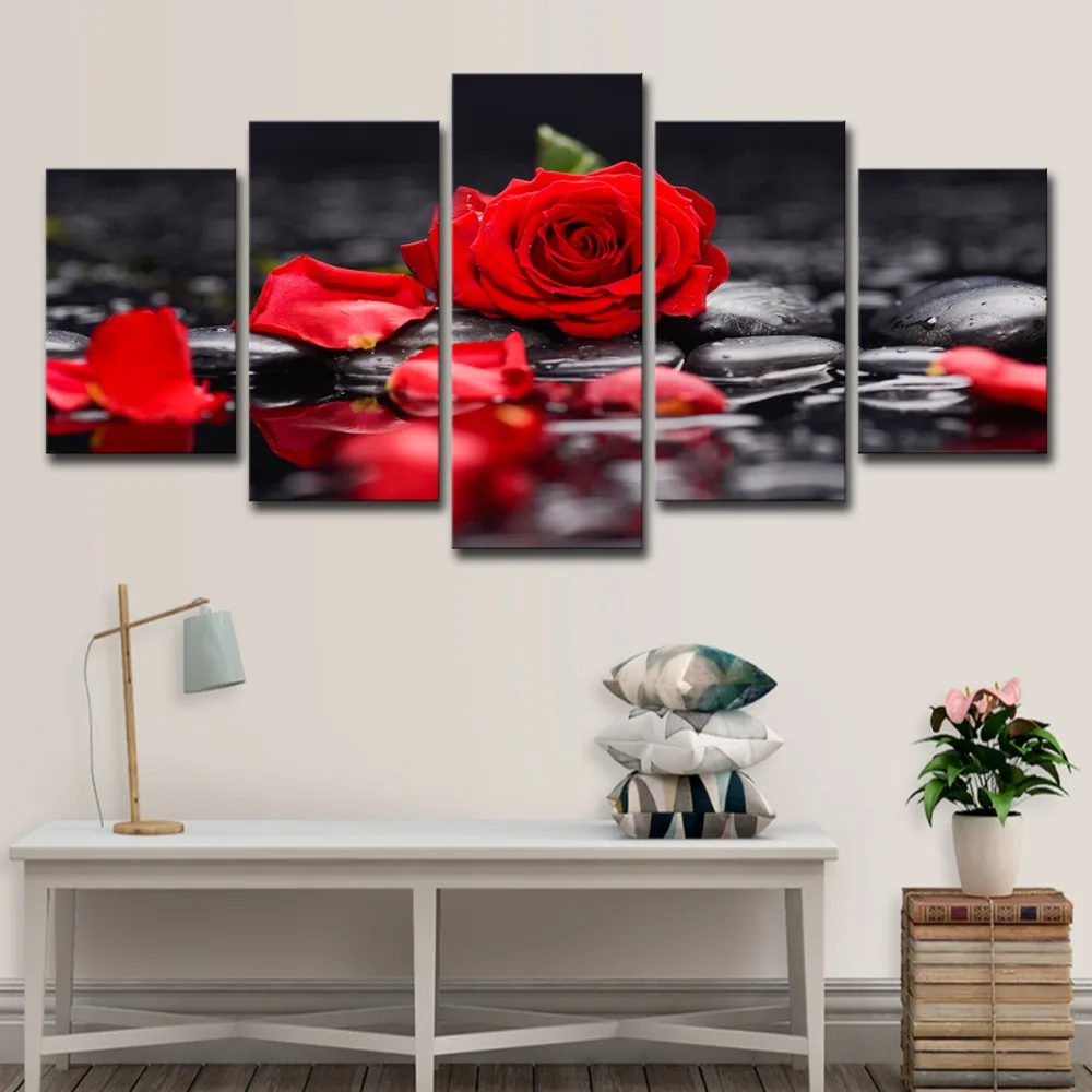 5P0155 Canvas Paintings Home Decor Living Room Wall Art 5 Pieces Red Rose Flowers Pictures Modular Prints Stone Petal Poster Framework (20) 