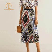 Винтажная летняя длинная юбка для женщин, этнический стиль, квадратный узор, плиссированная эластичная резинка на талии, уличная мода, повседневные драпированные миди юбки