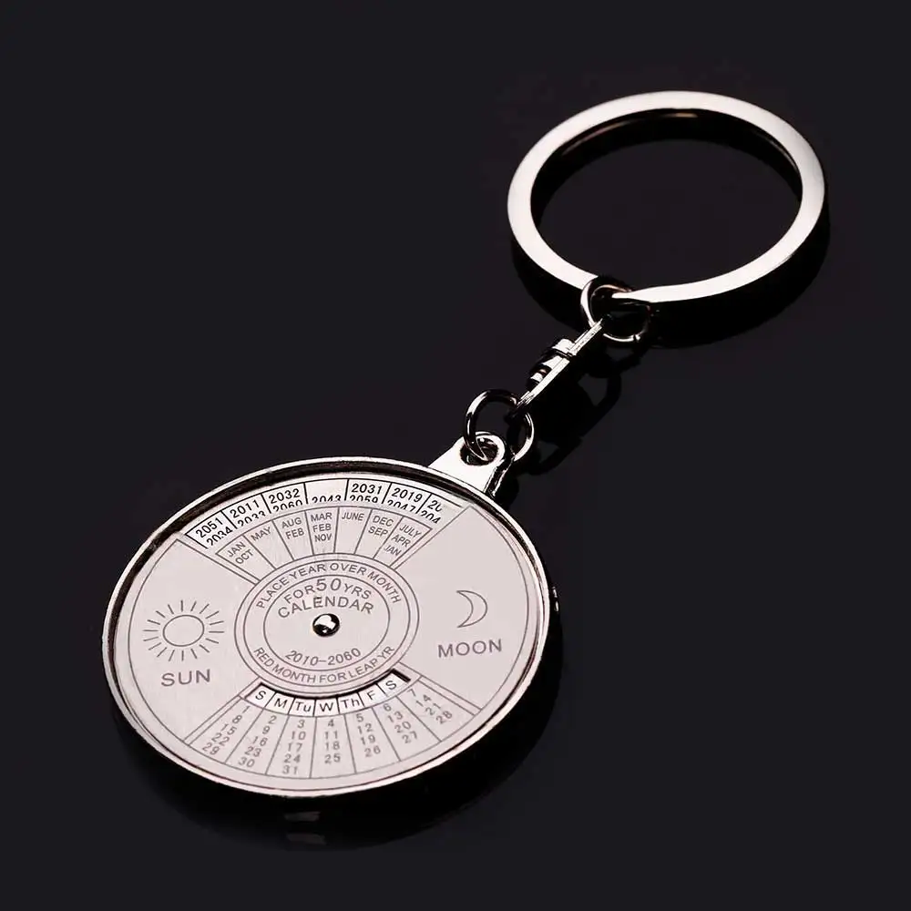 FAMSHIN 50 Years Perpetual Calendar Keyring Keychain Silver Alloy Key