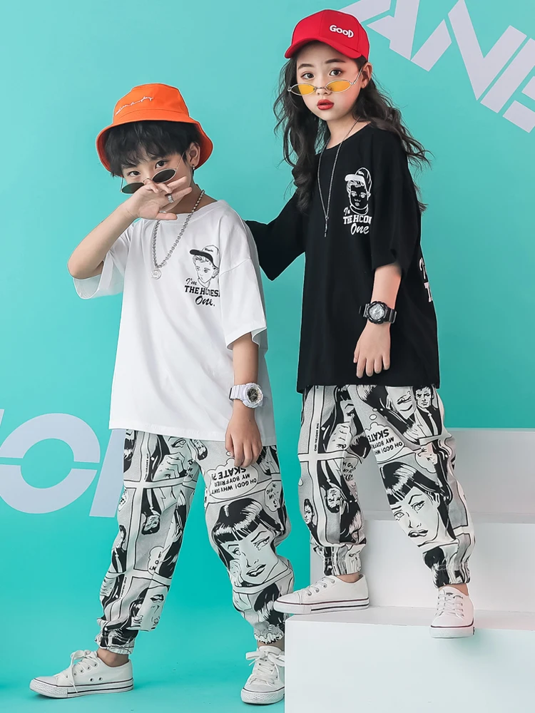 Детская классная одежда в стиле хип-хоп черная футболка большого размера топы, повседневные штаны с рисунком для девочек и мальчиков, танцевальный костюм, одежда для бальных танцев