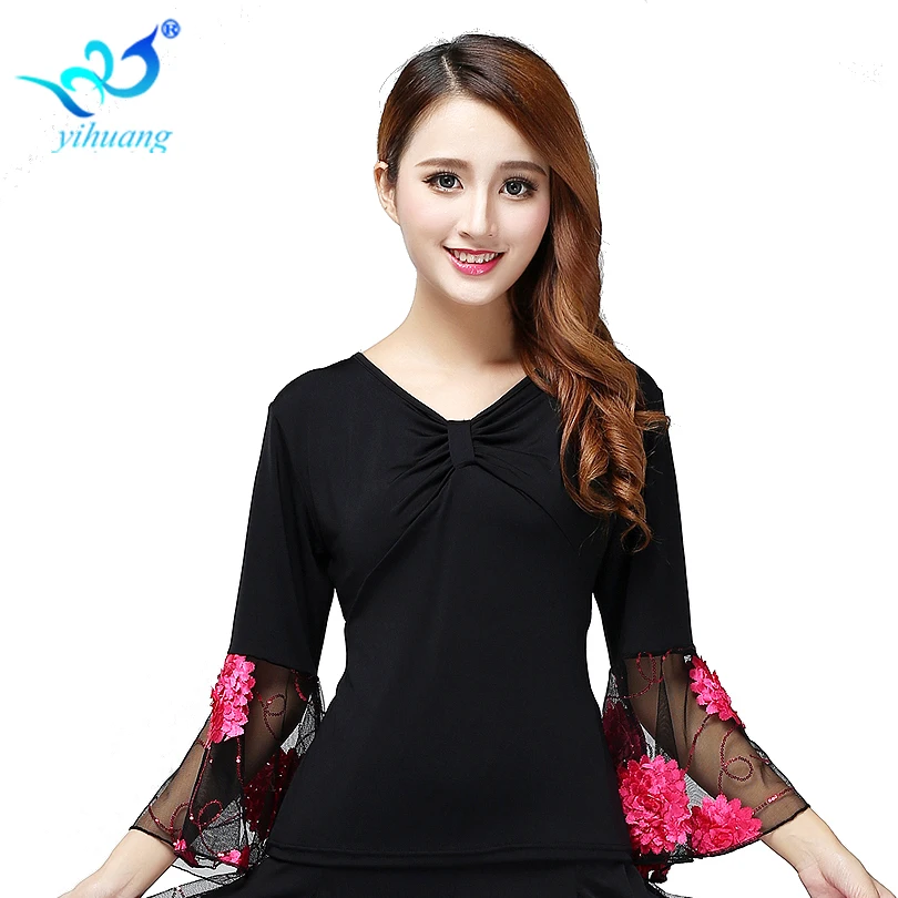 Ceny Kostium do tańca towarzyskiego bluzki Flamenco standardowe nowoczesne stroje Waltz Latin Salsa Rumba Dancewear topy z długim rękawem