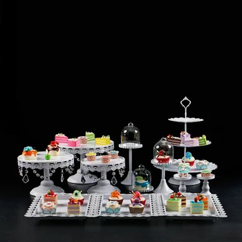 

White Wedding Dessert Tray Cake Stand with bead drops Cupcake Pan cake display dish holder Party Supply 12PCS / Set