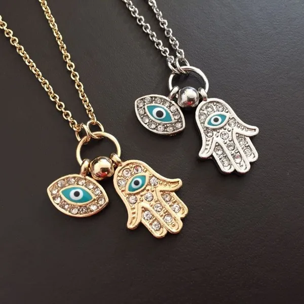 New Fashion Gold Silver Turkey Blue Eye Hamsa Hand Fatima Palm Necklac For Women Jewelry Wholesale Good Luck Chain Necklace