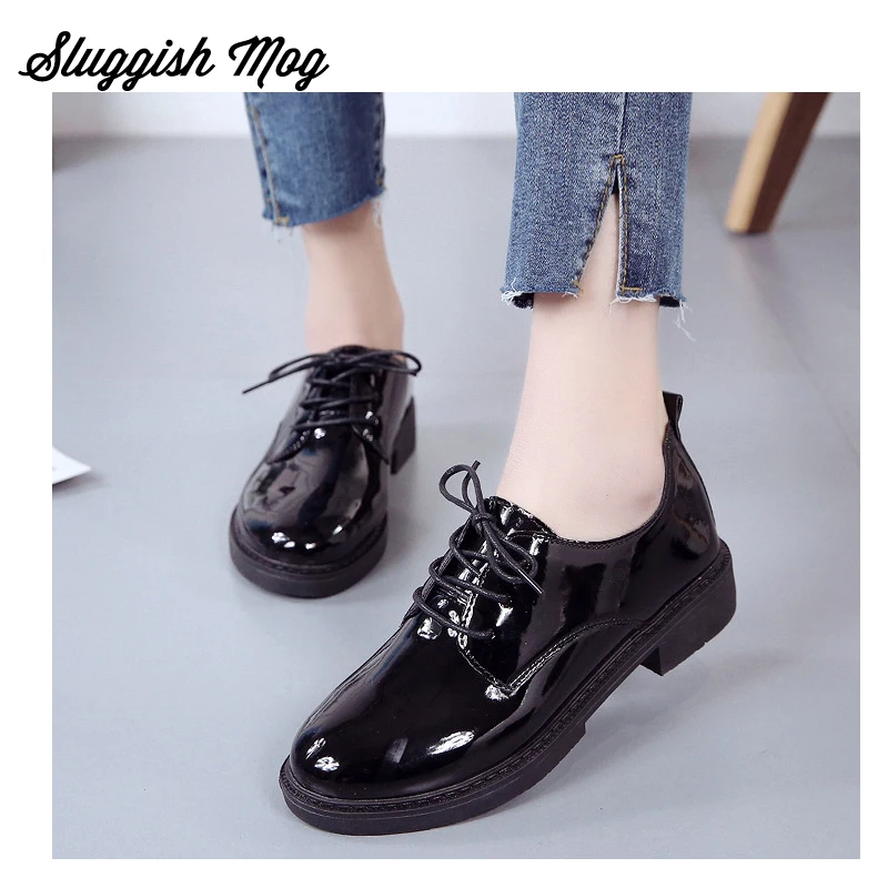 

Sluggish Mog Women British Style Spring Oxfords PU Leather 3cm Height Square Heel Basic Shoes Solid Color Lace-Up Shoes WG07