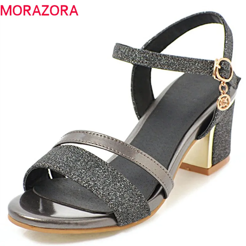 

MORAZORA 2020 new arrival sequined cloth women sandals fashion party wedding shoes comfortable square heels shoes big size 33-43