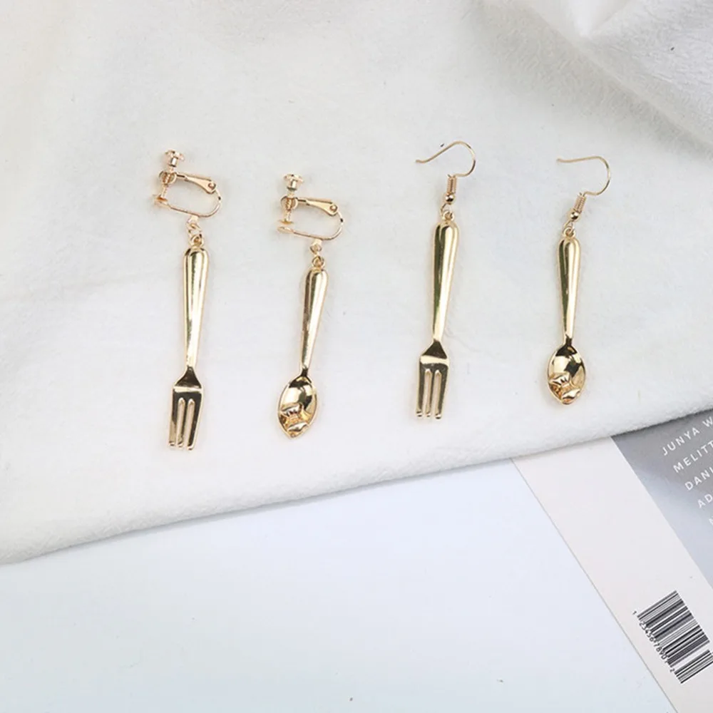 

Tiny Spoon Fork Pendant Earring Creative Stud Ear Interesting Gold Fashion Jewelry Gift For Women Girls