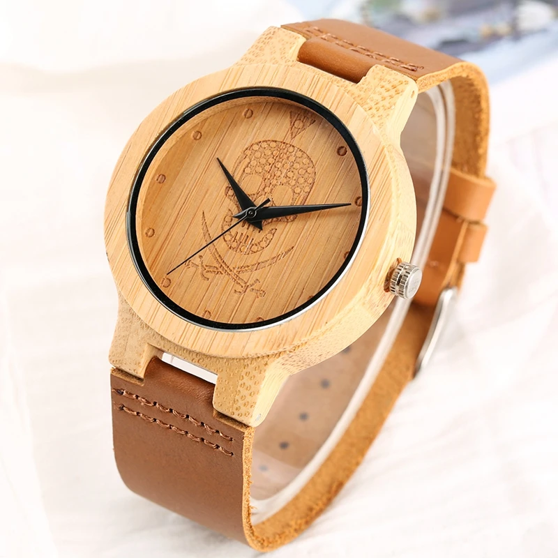 Natural Wood Watches Mens Skull Pirate Steampunk Wrist Watch Men's Watch Pure Bamboo Handmade Quartz Brown Genuine Leather Clock 2019 2020 (3)