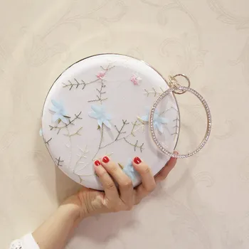 

Flower Women PU Leather Circular Evening Clutches Bags Floral Ring Handle Party Minaudiere Handbags Purse Wedding Bolsa