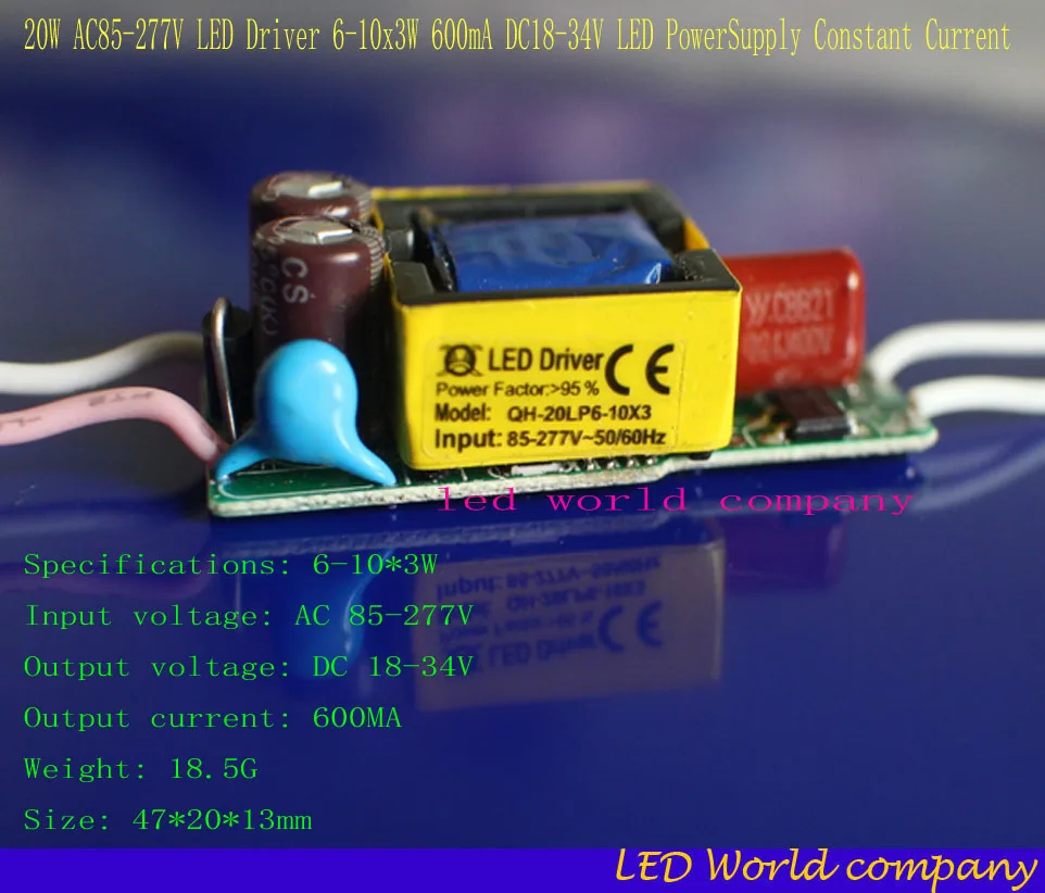 

free shipping Isolation 20W AC85-277V LED Driver 6-10x3W 600mA DC18-34V LED PowerSupply Constant Current LED Bulb Lamp