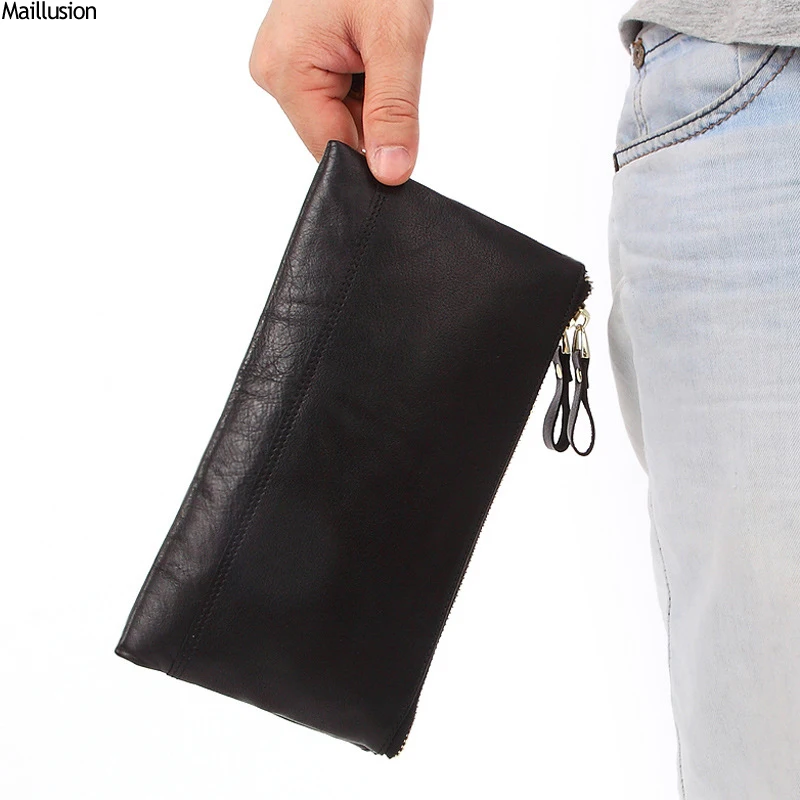

Maillusion Fashion Men Clutch Wallets Soft Genuine Leather Two Fold Wallet Double Zipper Long Handbags Phone Pocket Male Purse