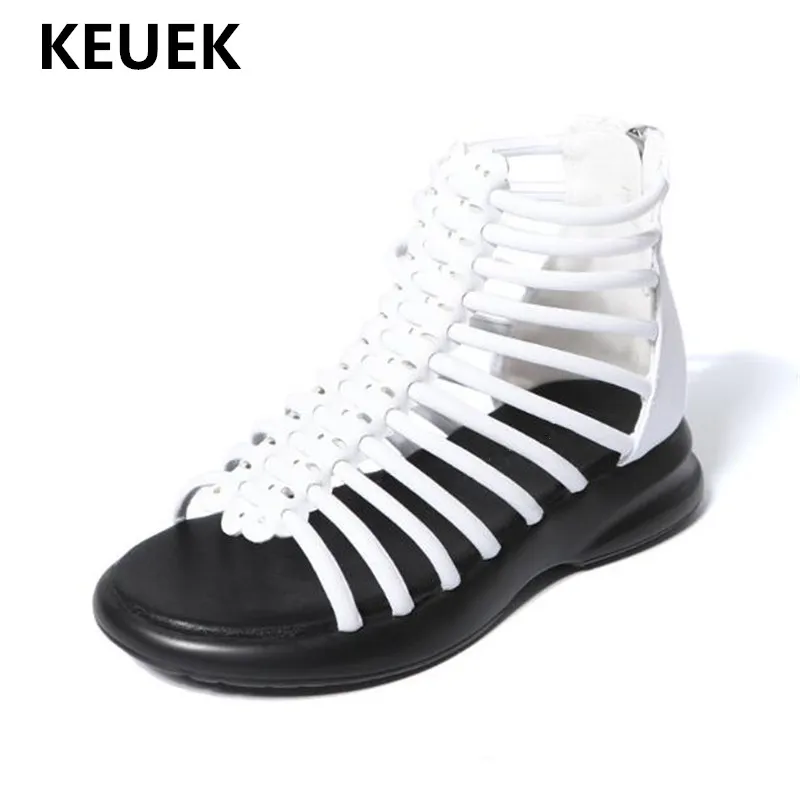 

New Summer Cut-Outs Soft Leather Children Sandals Girls Shoes Princess Student Black White High Top Kids Gladiator Shoes 018