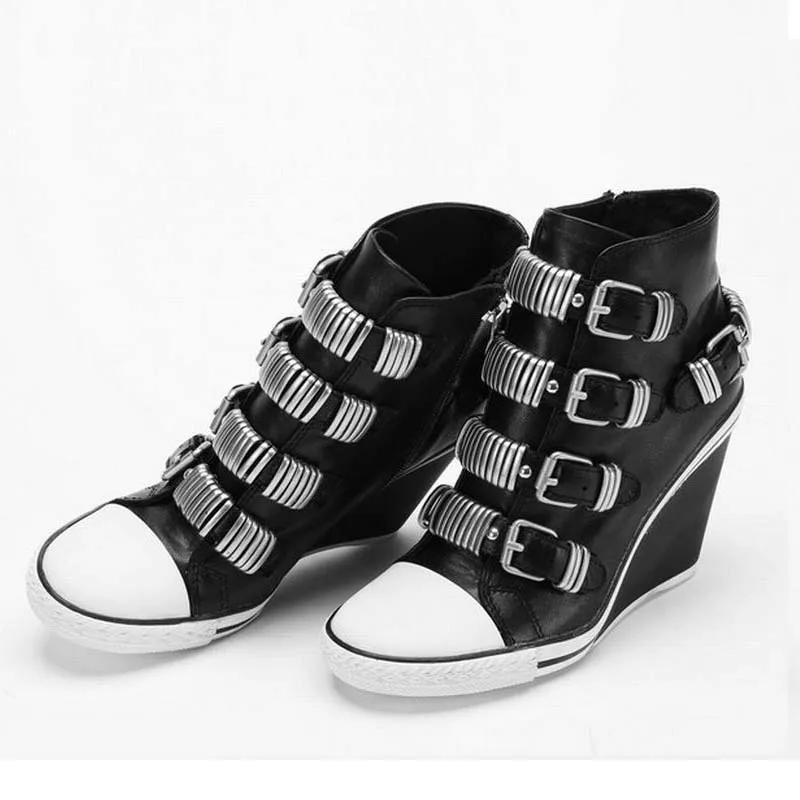 

2017 punk wedges heels casual shoes fashion zipper sheepskin buckle women vintage high top outdoor comfortable top quality shoes