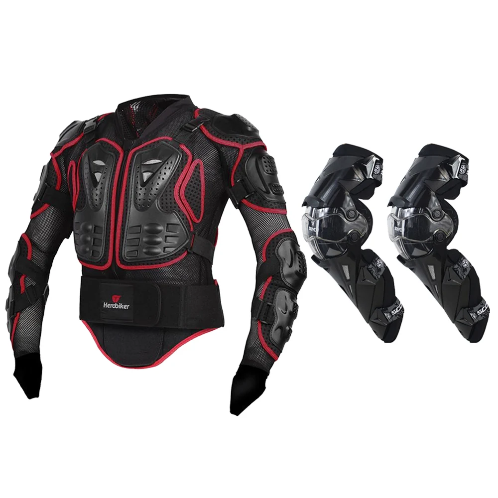 HEROBIKER Мотоциклетная Куртка бронежилет для езды на мотоцикле Защитное снаряжение для мотокросса куртка для гонок по бездорожью+ мотоциклетное колено - Цвет: Red Set