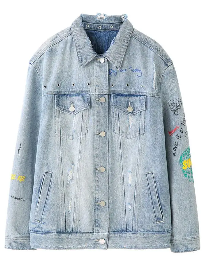 Heavy embroidery embroidered denim jacket bf wind graffiti hole Free shipping - Цвет: Синий