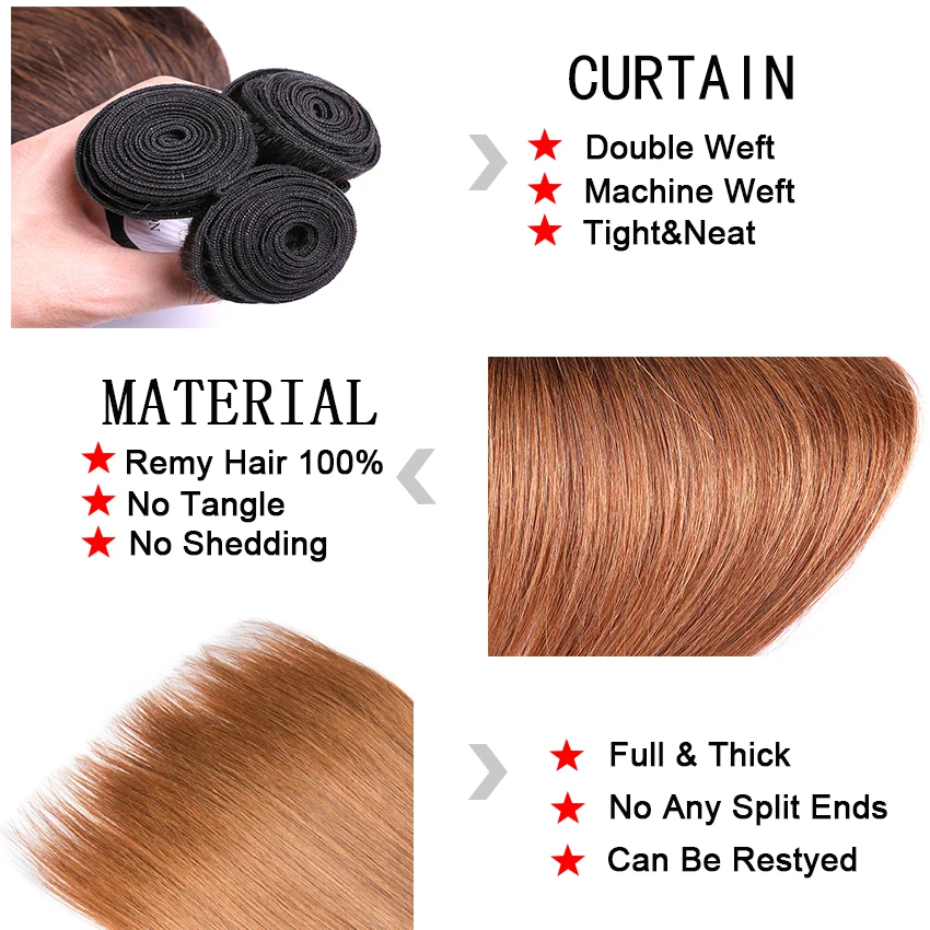 Brazilian Straight Hair Bundles with Frontal 3 Pcs Ombre Bundles with Closure 13x4 #1B30 LeModa Remy Human Hair Extensions (3) - 