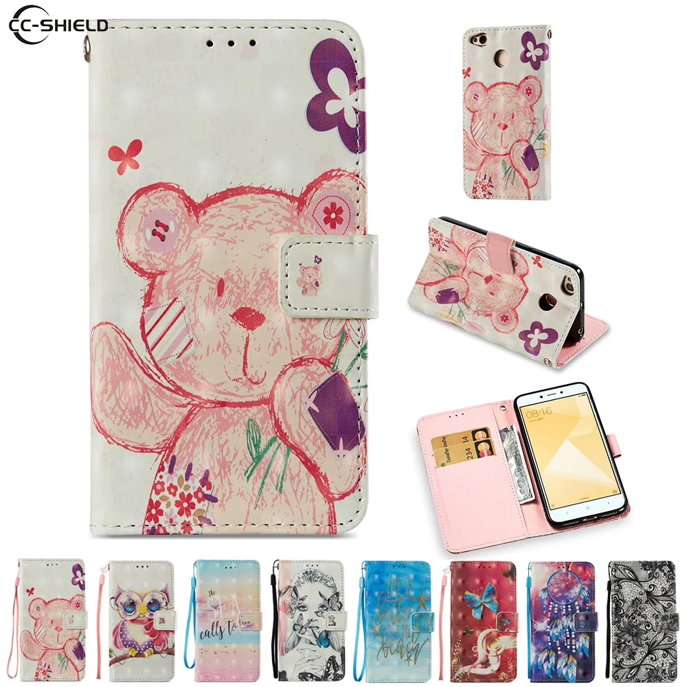 Cartoon Case for Xiaomi Redmi 4X 4 X Cute Bear owl Cartoon PU Leather Flip Stand Cover for Xiaomi Redmi X4 Red mi 4X Phone Case