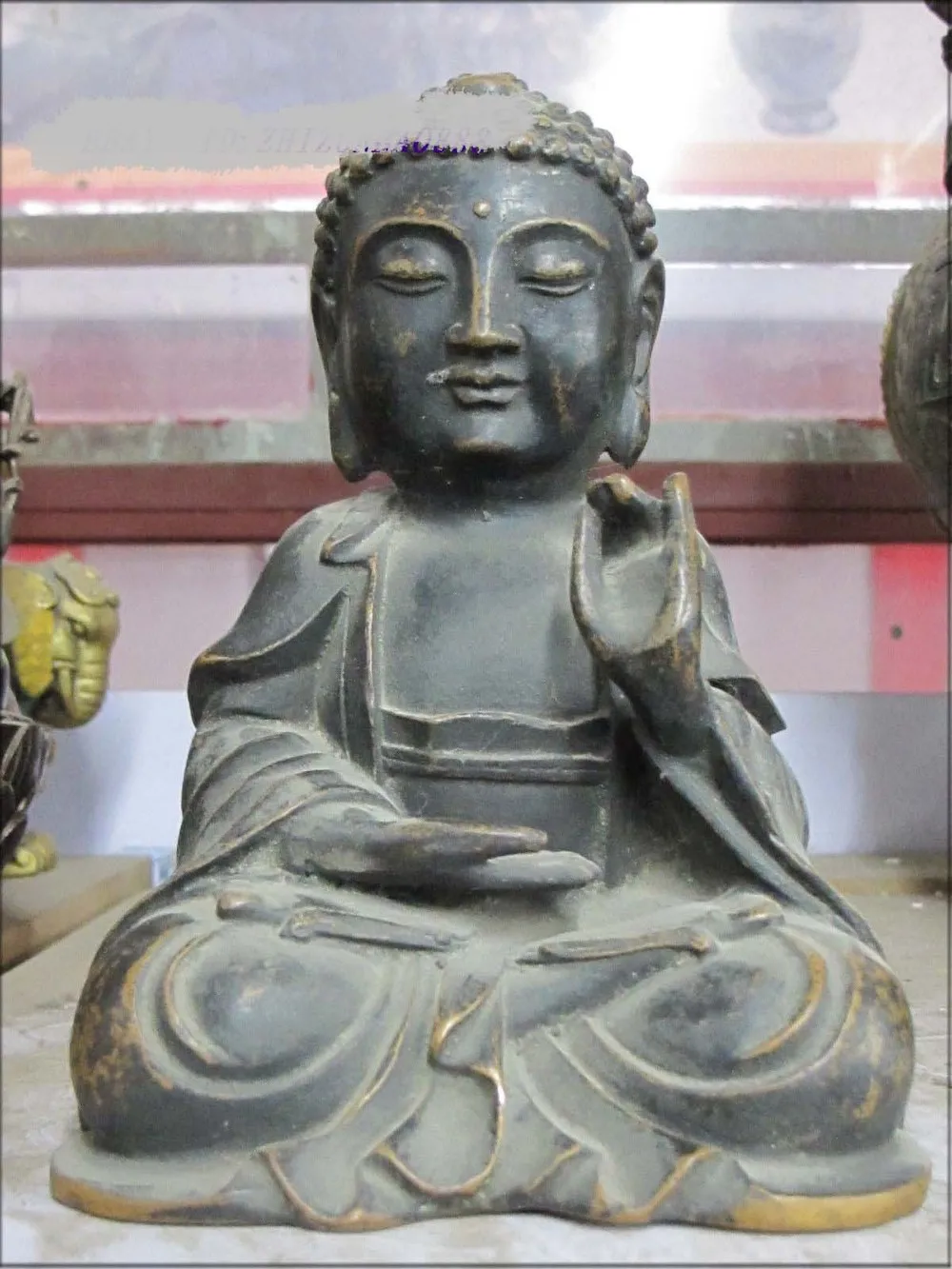 

9"Tibet temple Vintage Old Copper Bronze Raise left arm Shakyamuni Buddha RuLai