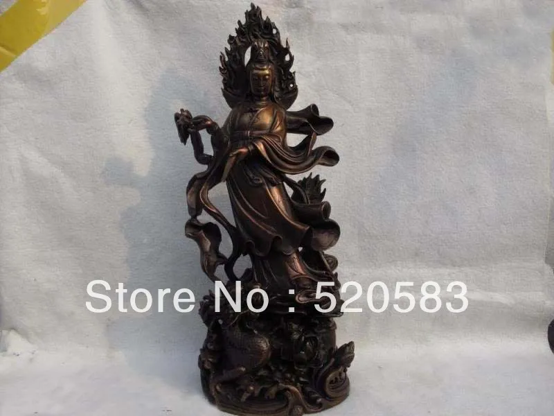 

China Pure Red Bronze Copper Kwan-Yin GuanYin Bodhisattva Stand on Dragon Statue
