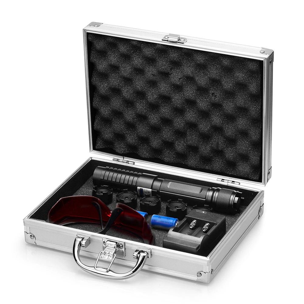 

Blue Laser Pointer 450nm High Power Laser Pen Adjustable Focus With 5 stars Caps Box 16340 Battery +charger+goggles