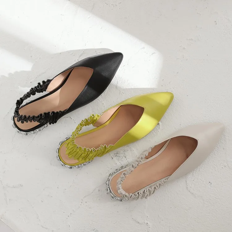 

MLJUESE 2018 women sandals Cow leather yellow color slingbacks crystal heel pointed toe beaches sandals party dress wedding