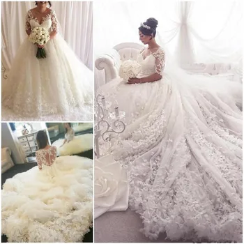 

New Long Puffy Wedding Gowns with 3D Floral Appliques Cathedral Train Half Sleeves Sheer Neck Buttons Back Luxury Bridal Gowns