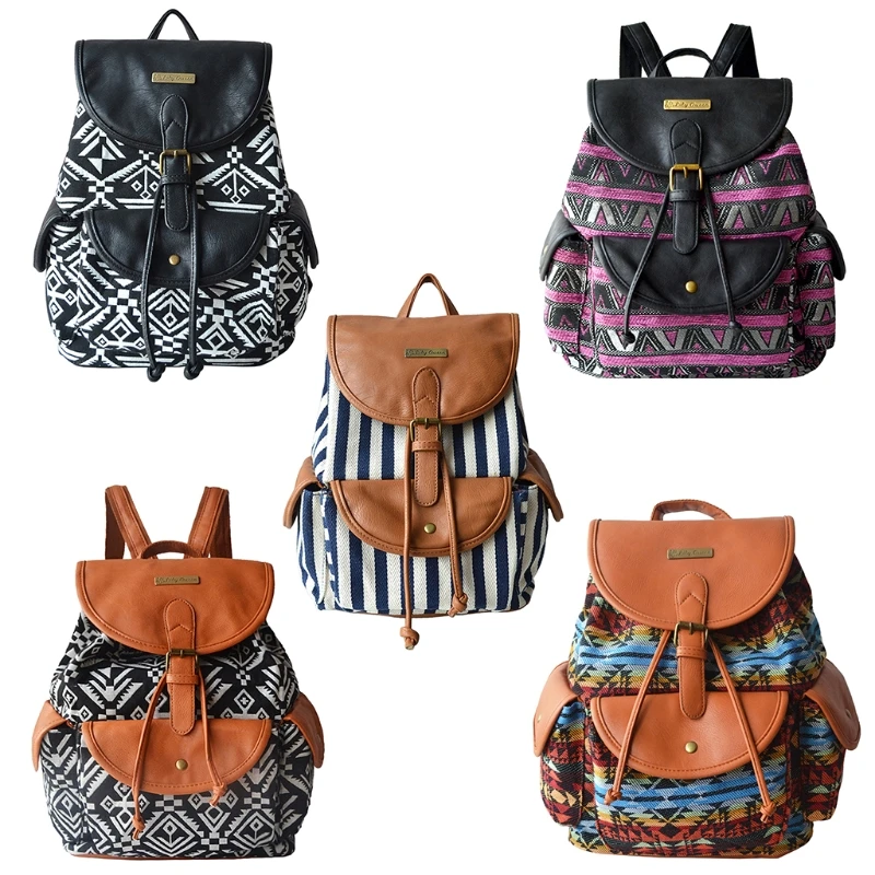 

THINKTHENDO Women Girls Canvas Vintage Striped Rucksack School Bag College Backpack Daypack