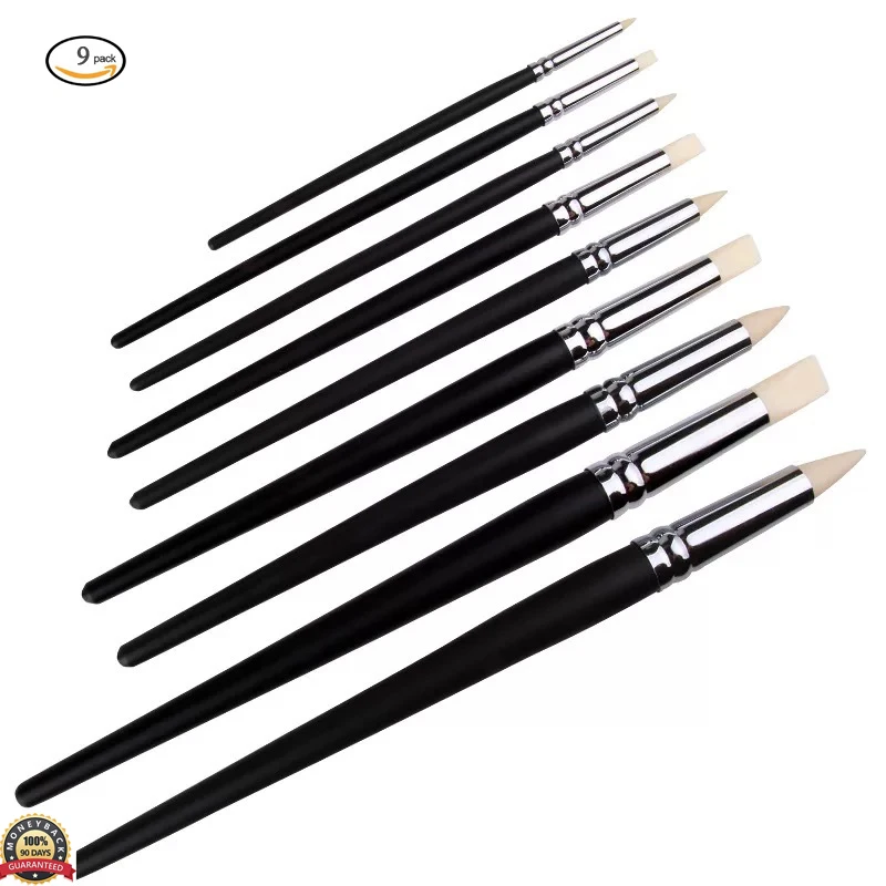 9pcs Clay Color Shapers Black Wood Shank Pottery Painting Tools Clay Color Shaping Model Wipe Out Tools Rubber Tip Paint Brushes