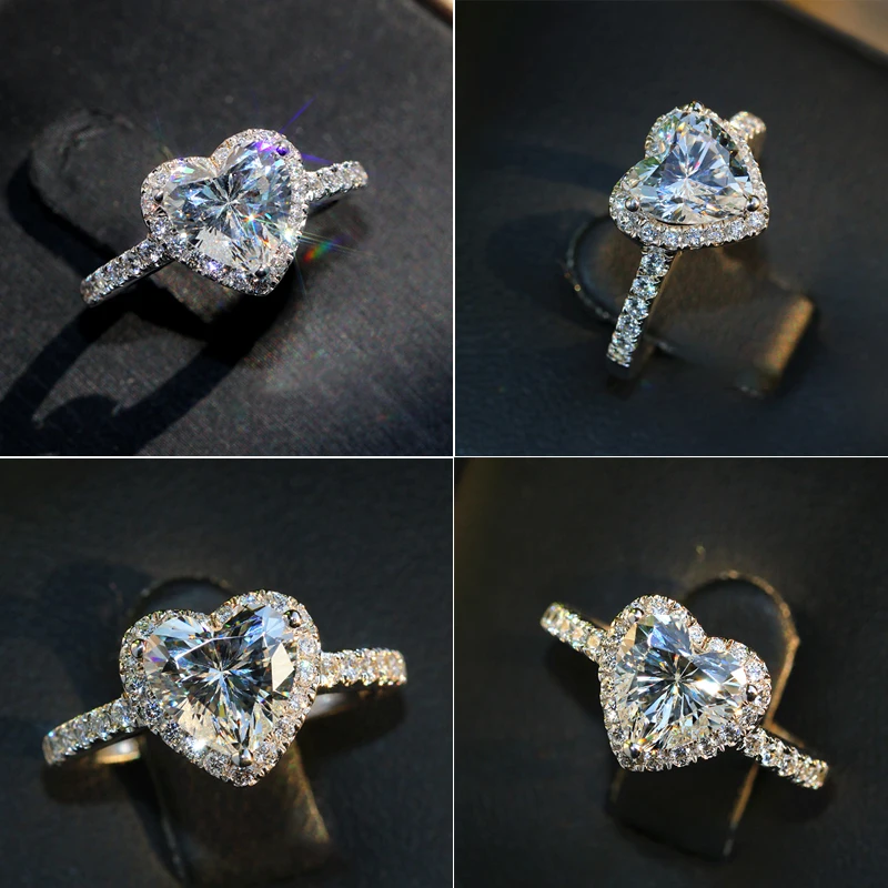 Роскошные женские Кристалл Циркон Камень кольцо Симпатичные 925 Серебро Большое сердце обручальное обещание обручальные кольца для влюбленных для женщи