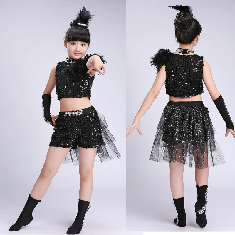 Современные костюмы для джазовых танцев с Черными Блестками для девочек, топы и штаны, танцевальный костюм для бальных танцев в стиле хип-хоп, детские костюмы сценическая одежда, одежда
