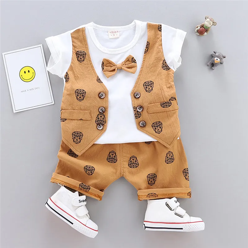 Children's clothes 2019 new Infant Baby Boys Summer Gentleman Print Short Sleeve Bow Shirt+Shorts Pants Sets  (7)