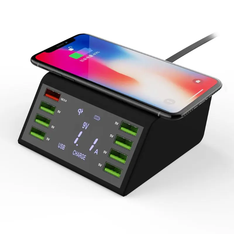 60W QC 3.0 Quick Charge 8 USB Ports Charging Dock Station Qi Wireless Fast Charger with Voltage Current Display for iphone sams