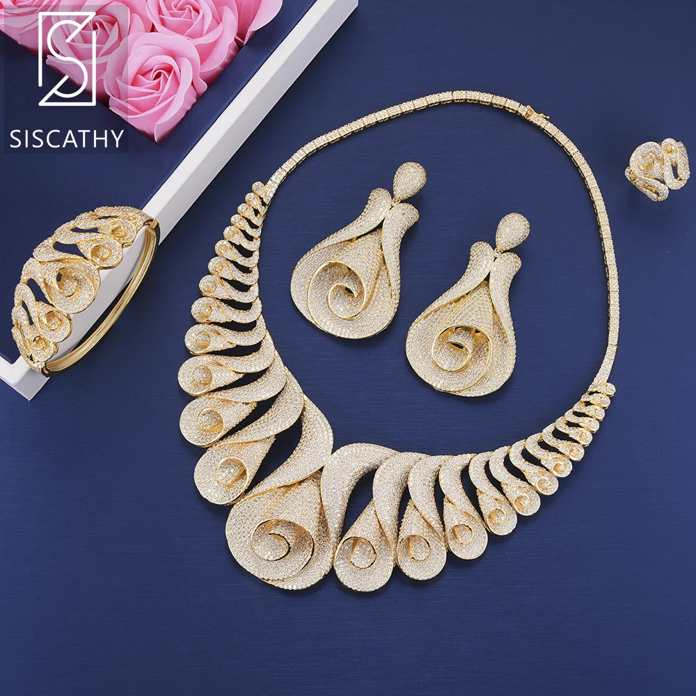 SISCATHY Fashion Tulip Shape Cubic Zirconia Big Collar Necklace Earrings Bangle Resizable Ring Jewelry Sets For Women Wedding | Украшения и