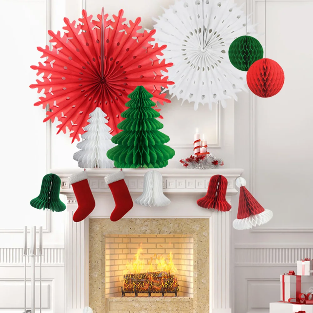 Set of 12 Christmas Honeycomb Paper Decorations(Honeycomb Bell, Tree, Santa Hat,Snowflake Fans,Ball) Party Hanging Decor (4)