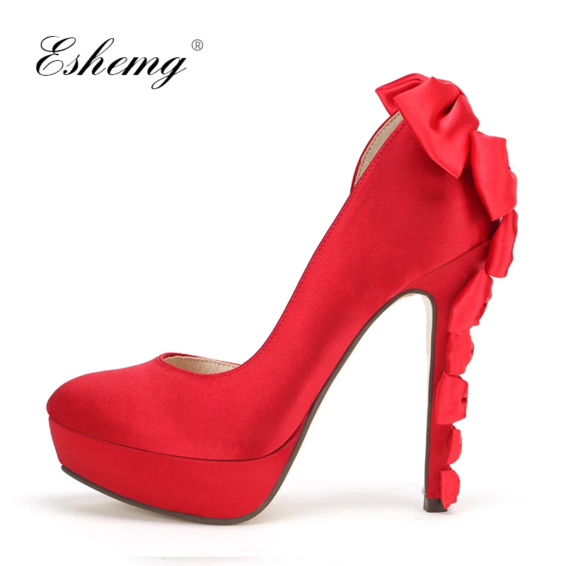 

Eshemg 2019 Red Super High Heel Wedding Shoes Fashion Dedicate Sweet Bowknot Pointed Toe Party Pumps