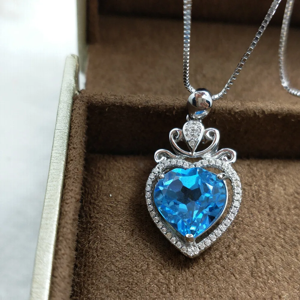 FLZB, элегантный кулон естественный голубой топаз сердце 12*12 мм 8.5ct в 925 серебро с 18 К белый с позолотой Роскошные ожерелье