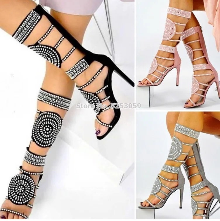 

ALMUDENA Bling Bling Crystal Beaded Embellished Sandal Boots Strappy Jewelry Stiletto Heels Gladiator Long Sandals Stage Shoes