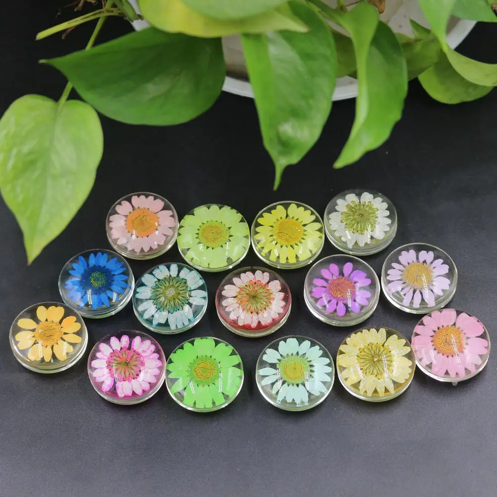 ZHUBI 2pcs 30MM Handmade Vintage Style Natural Dried Sun Flowers Long Necklaces &amp Pendants Glass Flat Ball Resin Cameo Pendant |