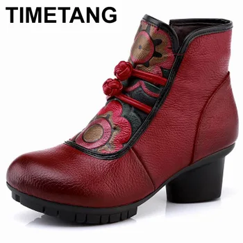 

TIMETANG 2019 Women's Ankle Boots Autumn Winter Genuine Leather Boots for Women Handmade Mar Boots Thick High Heels Shoes E307