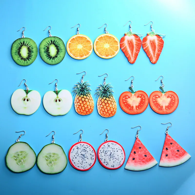 

Acrylic Cute Fruit Earrings Strawberry pineapple tomato kiwi orange cucumber dragon apple Pineapple fruit Earrings Dainty Gift