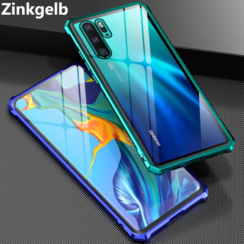 

For Huawei P30 Pro Case Luxury Hard Metal Aluminum Alloy Transparent Glass Armor Protect Phone Case for P30 Lite Nova 4E Cover