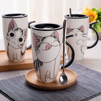 

Cute Cat Style Ceramic Mugs with Lid & Spoon Cartoon Creative Moring Mug Milk Coffee Tea Unique Porcelain Mugs 600ml TC012