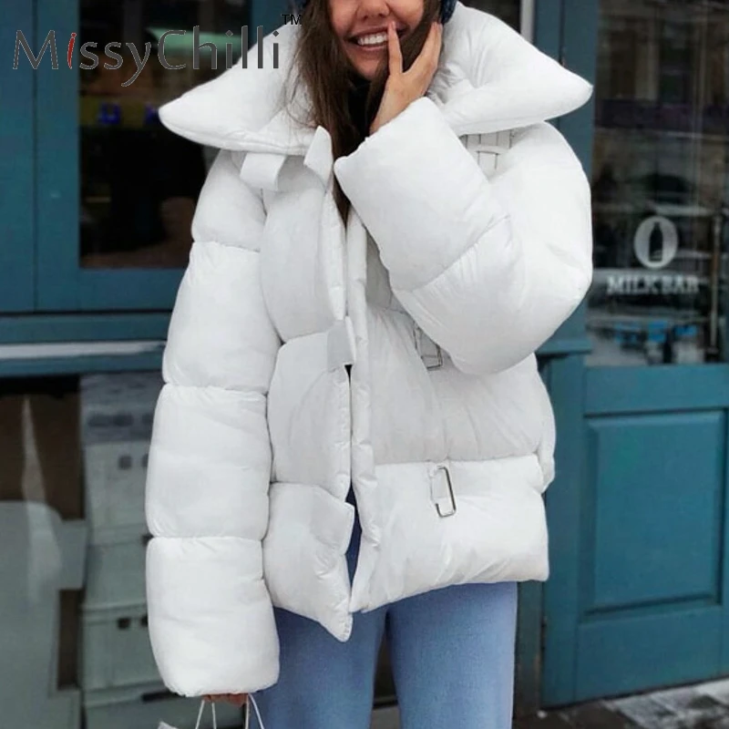 

MissyChilli Turndown collar square buckle oversize women coat parka Casual white thick autumn outerwear Winter warm down jacket