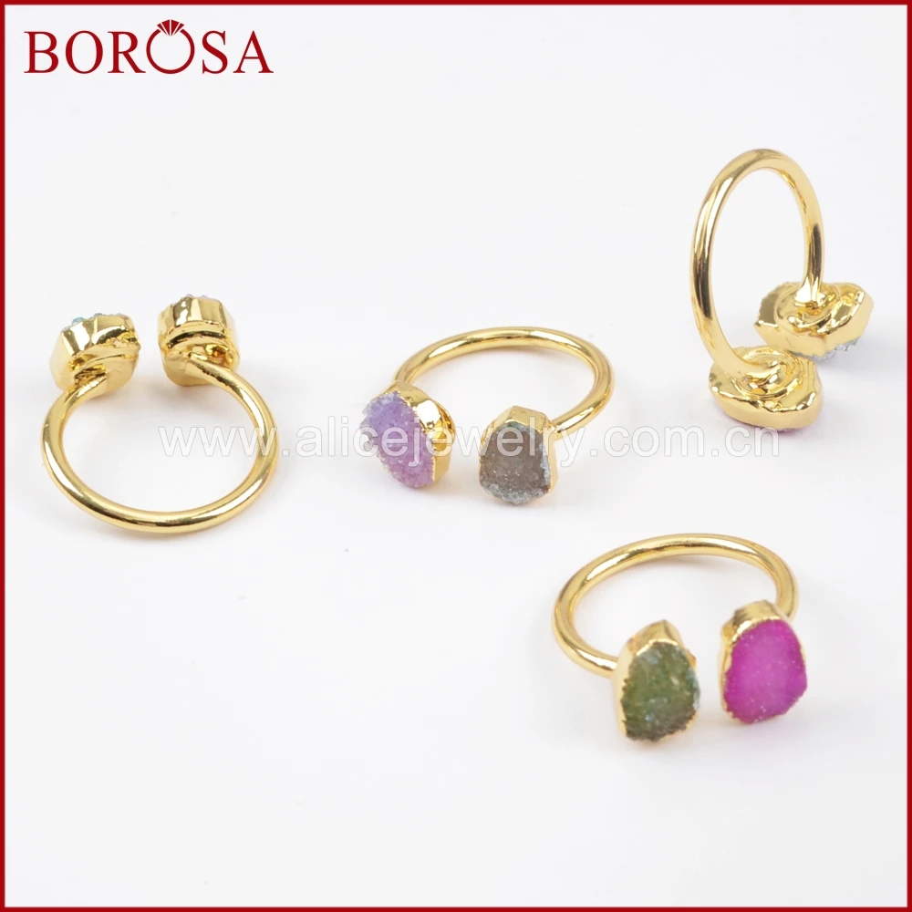 BOROSA 10 шт Новое прибытие двойное Druzy кольцо для женщин смешанные цвета золотой