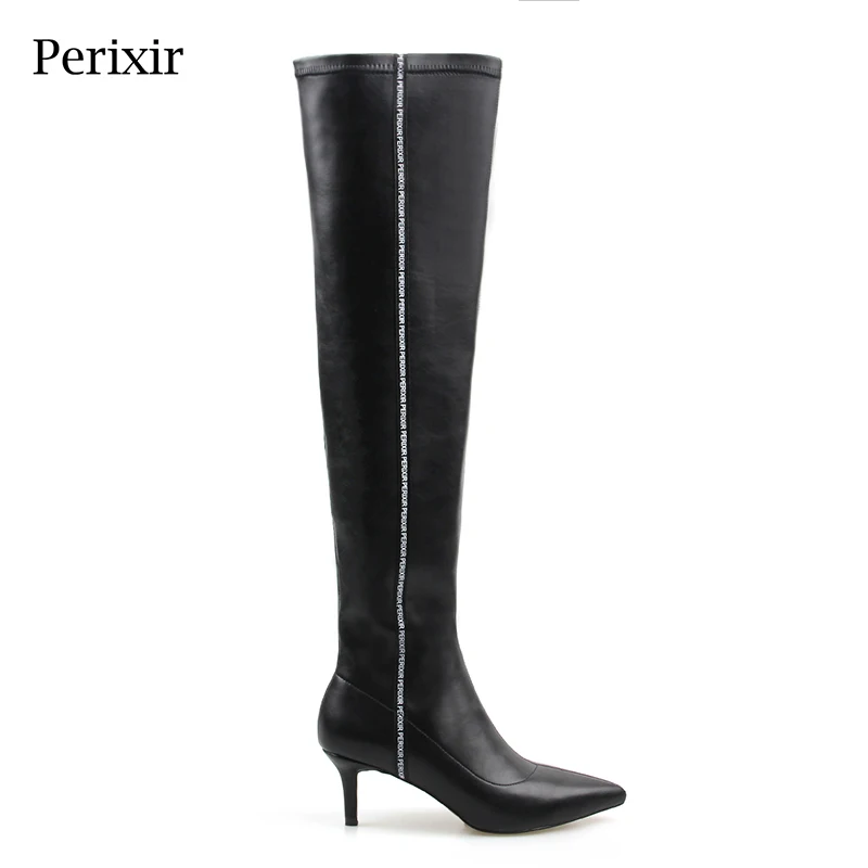 

Perixir Women Over the Knee PU Lycra Boots Solid Pointed Toe High Boots Shoes Thin Heels 6 CM Heels Fashion Winter High Boots