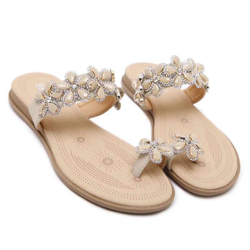 Color 2017 Piso Comfort Siketu Zapatos Verano Plana Mujer Sandalias Llegada Flor Bohemia negro Moda Rhinestone Nueva Apricot Playa AqwEpa