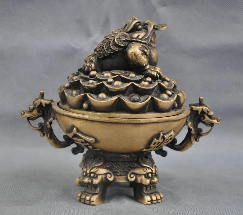 

Crafts statue christmas Folk Copper Bronze Lucky Coin Two Ear Dragon Toad Censer incense burner halloween