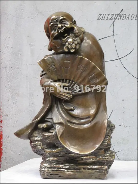 

Wholesale price***13"China bronze Lucky ready smile statue Laugh often Tamo Monk take Fan