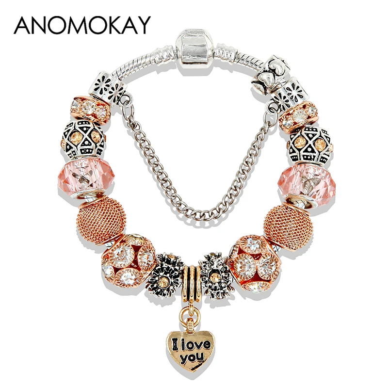 

ANOMOKAY Gold Tone Heart Bead Bracelets & Bangles Fashion Crystal Charm Bracelets DIY Jewelry Bracelet for Women Gift P10806